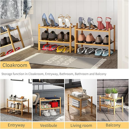 Small Shoe Rack, 2-Tier Bamboo Stackable Shoe Shelf Storage Organizer, Shoe Stand for Closet, Entryway and Hallway