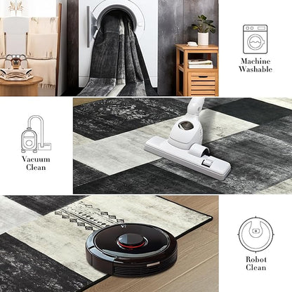 Tepook 5x7 Area Rugs for Living Room, Modern Large Geometric Rug for Bedroom, Washable Patchwork Rug Indoor Non Slip Throw Carpets for Dining Room Office Farmhouse Home Decor, Black and White