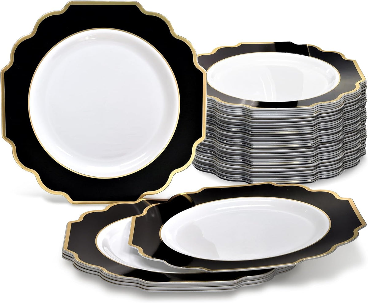 " OCCASIONS " 240 Plates Pack,(120 Guests) Heavyweight Wedding Party Disposable Plastic Plates Set -120 x 10.5'' Dinner + 120 x 8'' Salad / Dessert (Imperial in Black & Gold)