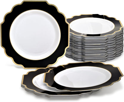 " OCCASIONS " 240 Plates Pack,(120 Guests) Heavyweight Wedding Party Disposable Plastic Plates Set -120 x 10.5'' Dinner + 120 x 8'' Salad / Dessert (Imperial in Black & Gold)