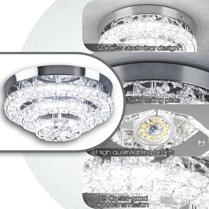 11.8" Modern Crystal Chandeliers LED Crystal Ceiling Light Fixture Flush Mount Ceiling Chandelier Light Chandelier for Dining Room Hallway Three-Tier Dimmable with Remote Control