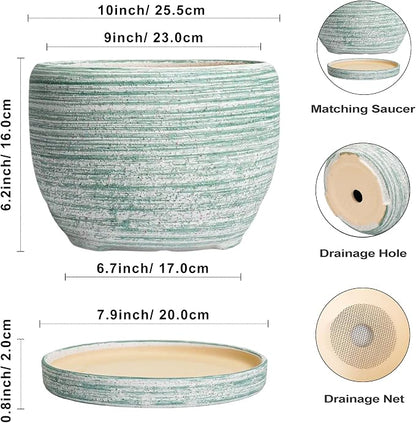 SQOWL Ceramic Pots for Plants - 10 Inch Ceramic Planter for Indoor Outdoor, Modern Round Flower Pot with Drainage Hole and Saucer, Large Planter, Home Office Decor, Gifts for Plant Lovers, Green