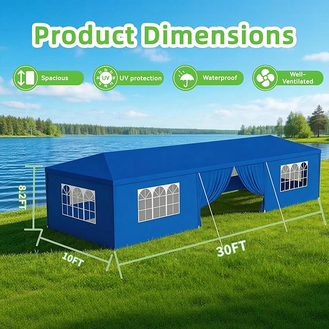 10' x 30' Outdoor Canopy Tents with 8 Detachable Sidewalls, Blue Patio Gazebo Tents, Shade Shelters for Birthday, Events, Party, Wedding, Gatherings and Patio