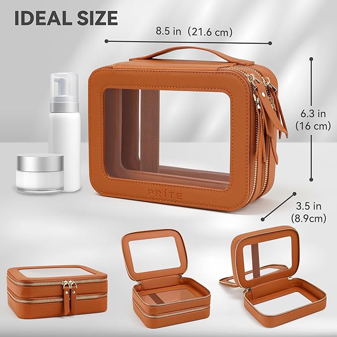 Prite Large Clear Makeup Bag Double Layer Makeup Bag for Women Travel Toiletry Bag Cosmetic Train Case with a Separate Brush Compartment for Car Essentials(Brown)