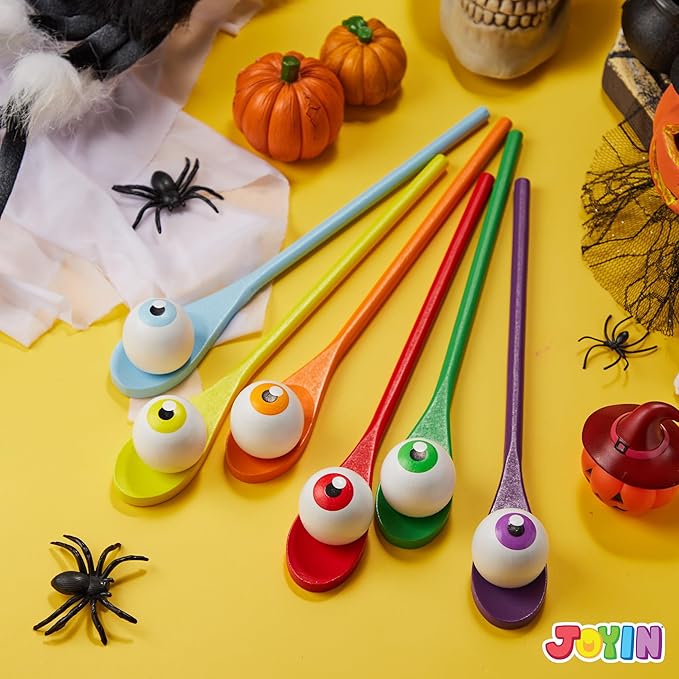 JOYIN Halloween Egg and Spoon Race Game Set; 6 Eyeballs and Spoons with Assorted Colors for Kids Adults Halloween Outdoor Fun Games, Party Favor Supplies, Classroom Activities