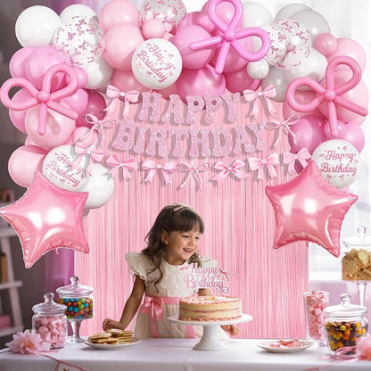 Pink Bow Birthday Decorations, Coquette Party Decoration for Girls Women Pastel Light Pink White Bow Latex Balloons Happy Birthday Banner Cake Topper for Baby Shower Bachelorette Party Decor Supplies