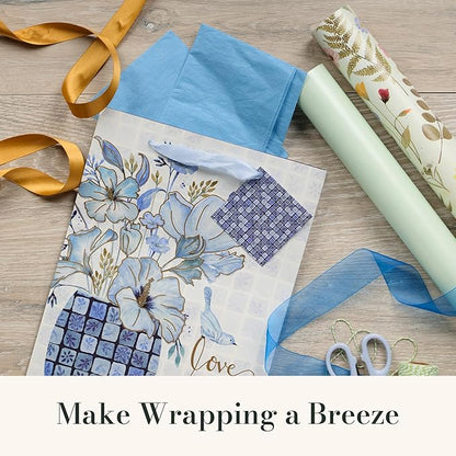 Christian Art Gifts Large Portrait Inspirational Scripture Gift Bag, Tag & Wrapping Tissue Paper Set for Women: Love John 3:16 Encouraging Bible Verse, Satin Ribbon Handles, White/Blue/Gold Floral