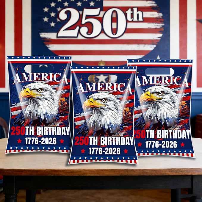 Hokinaa 250th Anniversary Goodie Bag - 50 Pcs 250 Birthday Plastic Merchandise Gift Treat Party Favors Candy Bags Bulk with Handles Patriotic America Decorations Decor Supplies for 4th of July USA
