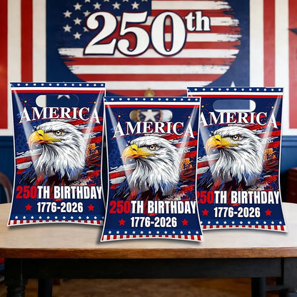 Hokinaa 250th Anniversary Goodie Bag - 50 Pcs 250 Birthday Plastic Merchandise Gift Treat Party Favors Candy Bags Bulk with Handles Patriotic America Decorations Decor Supplies for 4th of July USA
