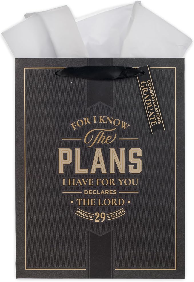 Christian Art Gifts Large Portrait Inspirational Scripture Gift Bag, Tag & Wrapping Tissue Paper Set for Grads: Know the Plans Encouraging Bible Verse, Sturdy Satin Ribbon Handles, Charcoal & Gold