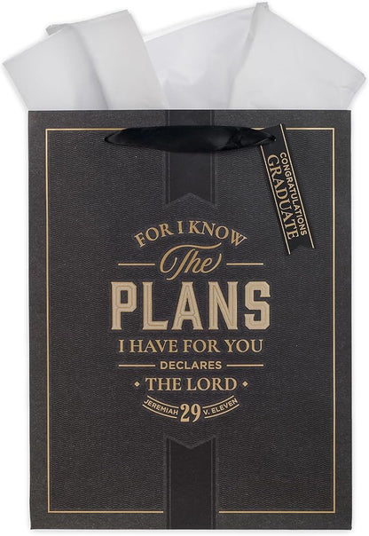 Christian Art Gifts Large Portrait Inspirational Scripture Gift Bag, Tag & Wrapping Tissue Paper Set for Grads: Know the Plans Encouraging Bible Verse, Sturdy Satin Ribbon Handles, Charcoal & Gold