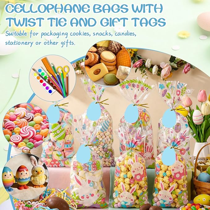 woric 100PCS Easter Cellophane Treat Bags with Gift Tags Easter Bunny Candy Bags Clear Egg Goodie Bag with 100 Twist Ties for Spring Party Favor Supplies