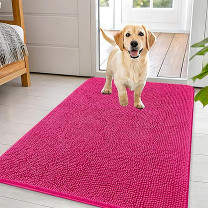 OLANLY Dog Door Mat for Muddy Paws 44x32, Absorbs Moisture and Dirt, Absorbent Non-Slip Washable Doormat, Quick Dry Chenille Mud Mat for Dogs, Entry Indoor Entryway Carpet for Inside Floor, Hot Pink