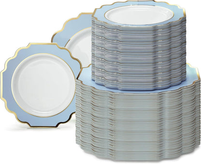 " OCCASIONS " 240 Plates Pack (120 Guests) Heavyweight Wedding Party Disposable Plastic Plates Set -120 x 10.5'' Dinner + 120 x 8'' Salad/Dessert Plate (Imperial in White/Blue & Gold)