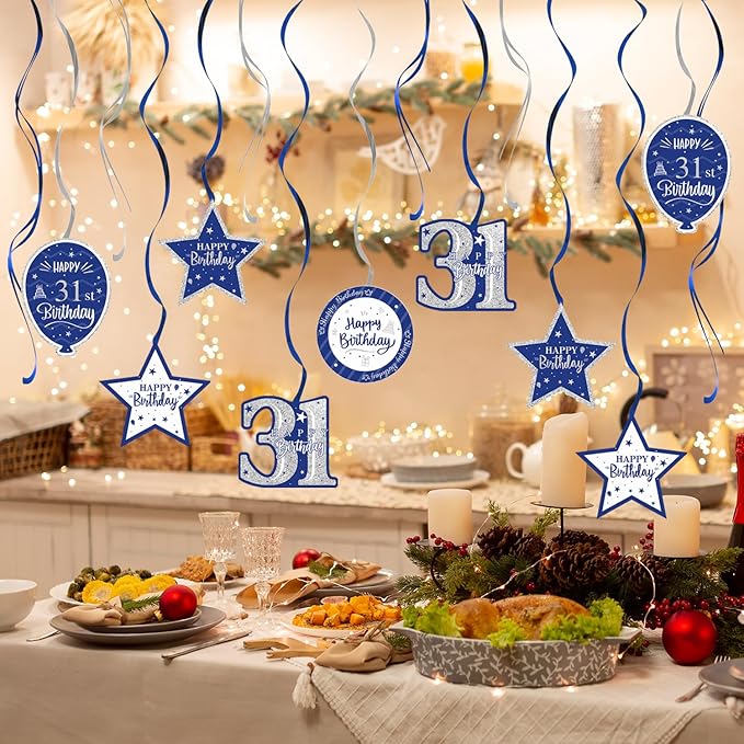Happy 31st Birthday Blue & Silver Glitter Swirls Streamers Party Decorations - 15 Pcs 31st Birthday Hanging Swirls Streamers Kit,Perfect for 31st Bday Party Sign.