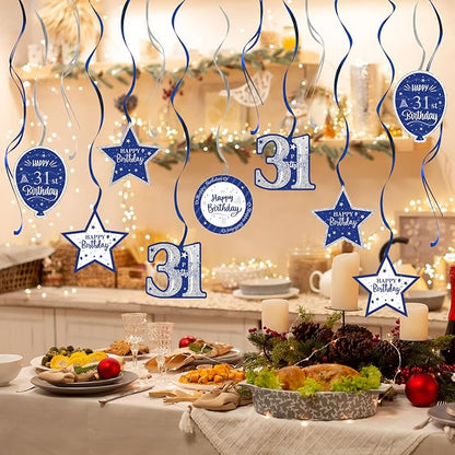 Happy 31st Birthday Blue & Silver Glitter Swirls Streamers Party Decorations - 15 Pcs 31st Birthday Hanging Swirls Streamers Kit,Perfect for 31st Bday Party Sign.