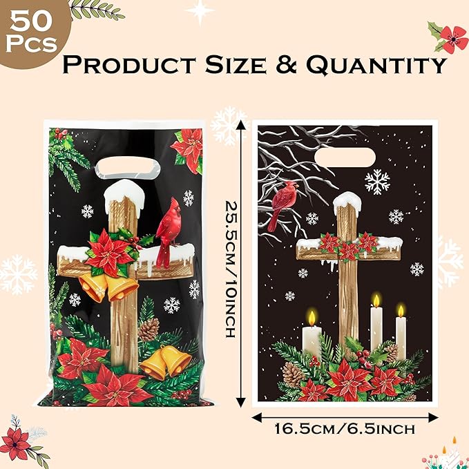 Haooryx Charistmas Cardinal Party Favor Bags - 50 Pcs Religious Red Bird Plastic Goodie Candy Treat Bag with Handle Gift Wrap Decor Birthday Baby Shower Xmas Decoration Holiday Party Favor Supplies