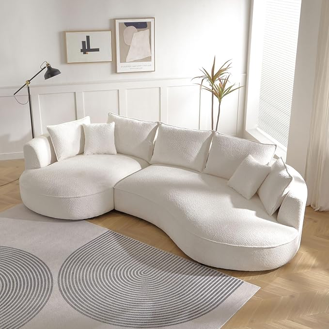WILLIAMSPACE 124.8" Boucle Curved Sofa Couch, Modern Upholstery Cloud Sofa with Pillows, Left Hand Facing Sectional Boucle Fabric Couch for Living Room (Left-Facing,Light Cream)