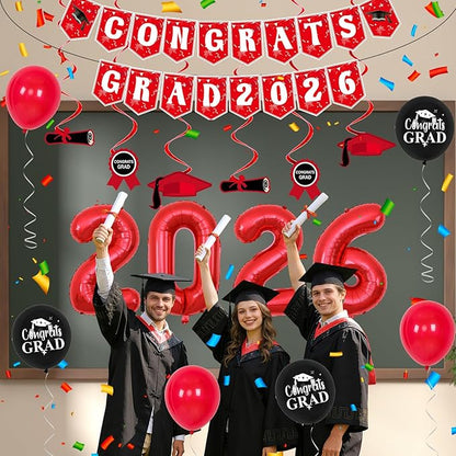 Red and Black Graduation Decorations 2026, Graduation Party Decorations Class of 2026 Backdrop, Congrats Grad Banner Red and Black Streamers Balloons Foil 2026 Balloons College High School Master Phd