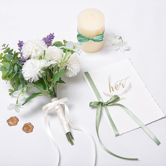 QIANF Sage Green Double Face Satin Ribbon 3/8 Inch x 45 Yards Moss Green Cream Fabric Ribbon for Gift Wrapping, Flower Bouquets, Bows Making, Wedding Decoration, Invitations, Christmas (3 Rolls *15Yd)