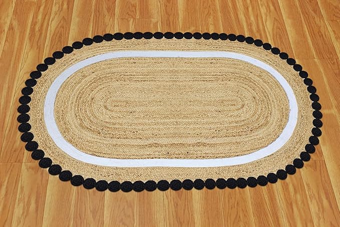 Oval Jute Runner 2x10 Flatweave Kilim Runner Hand Braided Jute Thick 0.27" Solid Pattern Black Beige Natural Oval Handmade Boho Indoor Outdoor Rugs for Kitchen Hallway Enterway