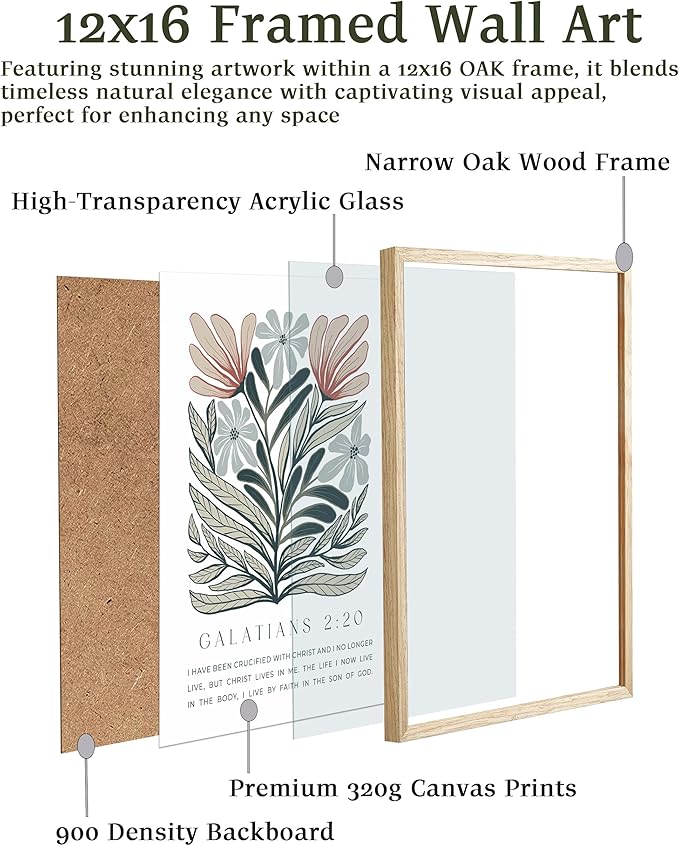 EcoHest Bible Verse Floral Framed Wall Art, 12x16 in OAK Wood Boho Abstract Flowers Canvas Wall Art, Galatians 2:20 Home Decor, Beige Logs Boho Christian Set of 1 for Bedroom Living Room