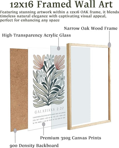 EcoHest Bible Verse Floral Framed Wall Art, 12x16 in OAK Wood Boho Abstract Flowers Canvas Wall Art, Galatians 2:20 Home Decor, Beige Logs Boho Christian Set of 1 for Bedroom Living Room