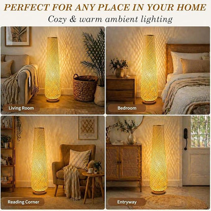 MIXL-Farmhouse Style Bamboo Floor Lamp,Large Wicker Indoor Floor Light,Boho Standing Light Plug in,Modern Minimalist Standing Lamp for Living Room Bedroom