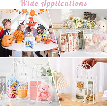 Okxiri 15 PCS Clear PVC Gift Bags with Handles,Small Reusable Plastic Party Favor Bags, Transparent Goodie Bags for Wedding,Baby Shower, Birthday (6.1" x 6.1" x 2.7")
