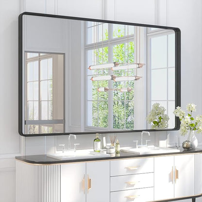 TETOTE 60 x 36 Inch Bathroom Mirror, Matte Black Metal Frame Modern Farmhouse Decorative Rectangle Wall Mirror for Double Vanity (Horizontal/Vertical)
