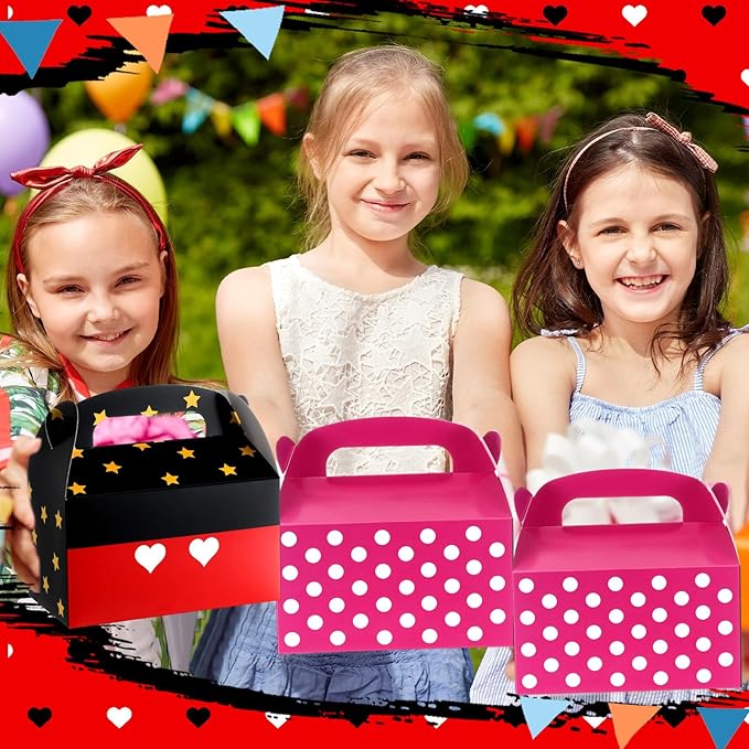 Marspark 24 Pack Black and Pink Mouse Cartoon Birthday Party Supplies, Paper Gift Boxes, Cartoon Candy Treat Boxes for Birthday Party Decorations (Black and Pink Pattern)
