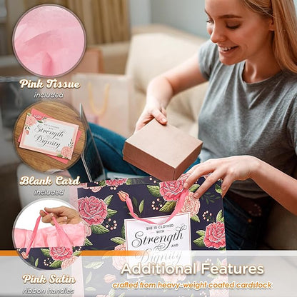 Christian Art Gifts Large Landscape Scripture Gift Bag w/Blank Greeting Card & Wrapping Tissue Paper Set for Women: Strength & Dignity Inspirational Bible Verse Proverb, Beautiful Pink Roses for