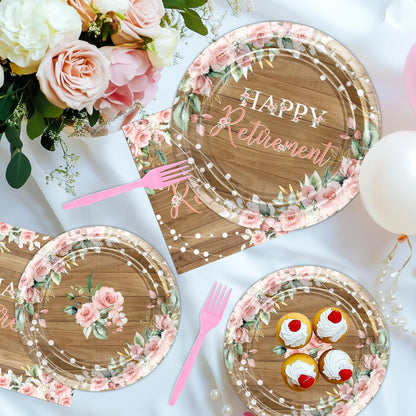 Avezano 96 PCS Retirement Party Decorations Rustic Pink Floral Happy Retirement Plates Tableware Women Farewell Party Supplies, Serves 24