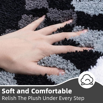 Non Slip Tufted Checkered Bath Mat, Cute Funky Microfiber Absorbent Bath Rug for Bathroom Sink, Toilet, High Pile Black and White Checkerboard Rug, Machine Washable, 16"x24"