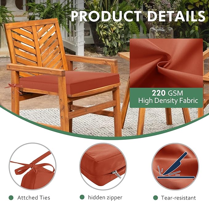 Outdoor Chair Cushions Set of 2: Waterproof & Fade Resistant Deep Seat Cushion for Patio Furniture - 24 x 24 x 3 Inch Chair Pads with Ties and Hidden Zipper - Patio Chair Cushion Replacement, Rust