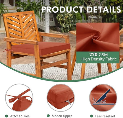Outdoor Chair Cushions Set of 2: Waterproof & Fade Resistant Deep Seat Cushion for Patio Furniture - 24 x 24 x 3 Inch Chair Pads with Ties and Hidden Zipper - Patio Chair Cushion Replacement, Rust