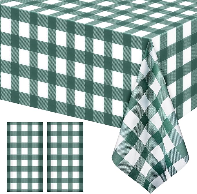 2 Pack Sage Green Striped Gingham Tablecloths, 54 x 108 Inch Disposable Plastic Rectangle Table Covers, Waterproof Checkered Sage Green Table Cloths for Picnic, Birthday, Party, Outdoor Events