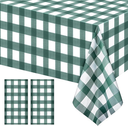 2 Pack Sage Green Striped Gingham Tablecloths, 54 x 108 Inch Disposable Plastic Rectangle Table Covers, Waterproof Checkered Sage Green Table Cloths for Picnic, Birthday, Party, Outdoor Events