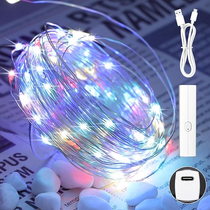 33ft 100LED Multicolor String Lights, Rechargeable Fairy Lights Battery Operated, Mini Twinkle Lights with Time for Bedroom, Dorm, Christmas Decorations, Wedding, Centerpiece Table, Garden, Party