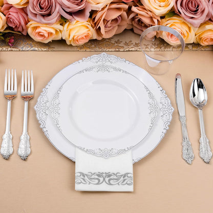 350PCS Silver Plastic Plates for 50 Guests, Disposable Dinnerware Set Includes 100 Disposable Plates, 150 Silver Silverware, 50 Cups, 50 Napkins for Party & Wedding