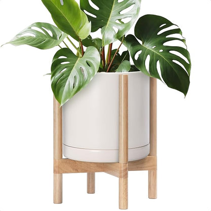 D'vine Dev Ceramic Planter with Natural Stand - 12 Inch Modern Round Flower Pot with Wood Planter Holder, Oatmeal, 55-B-J-8