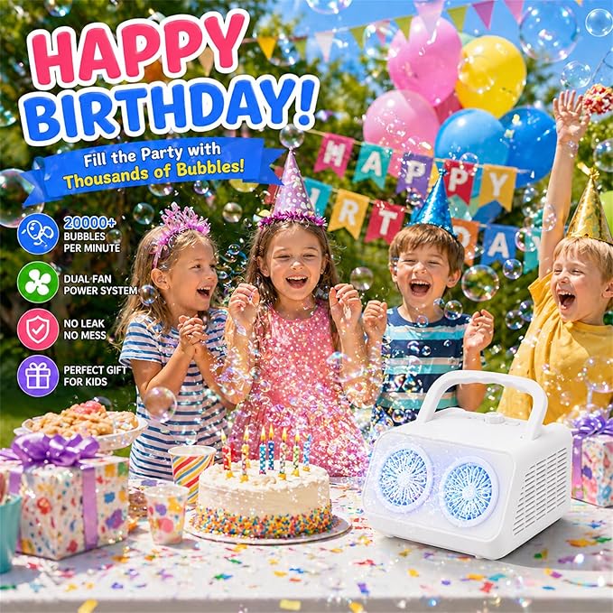SHCKE Automatic Bubble Machine Upgrade Bubble Blower with 2 Fans,20000+ Bubbles Per Minute, USB-C or Battery Powered,Sealed Bottle, Portable Bubble Maker for Birthday Party Pool Wedding Outdoor