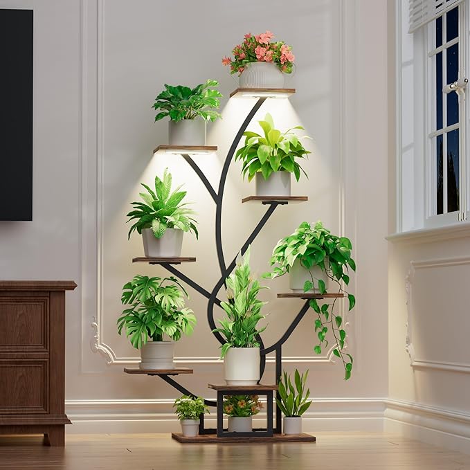 EVAWOO Plant Stand Indoor with Grow Lights - 8 Tiered Corner Plant Shelf Indoor, 50" Tall Lighted Plant Stand for Indoor Multiple Plants, Flower Stands Display Rack Holder for House, Patio, Black