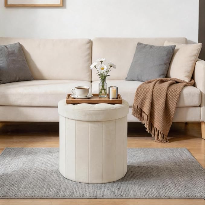 CAROLMADE Round Storage Ottoman, Velvet Folding Footrest Stool