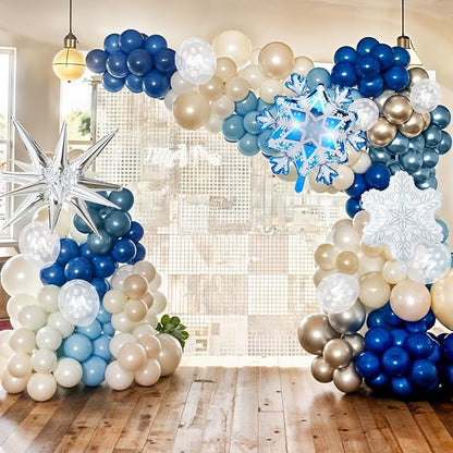 Winter Wonderland Snowflake Balloon Garland Arch Kit, 108PCS Blue and White Silver Christmas Balloons with Snowflake Foil Balloons for Snow Princess Holiday Xmas New Year Birthday Party Decorations