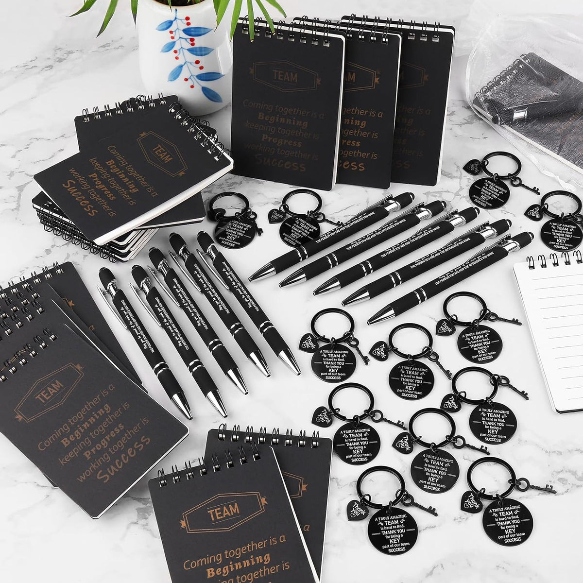 CZWZ 80 Pcs Employee Appreciation Gifts Set, Includes Notepads Pens Thank You Keychains and Organza Bags, Team Recognition Gifts for Coworkers Staff Employees Retirement Birthday Christmas(Black)