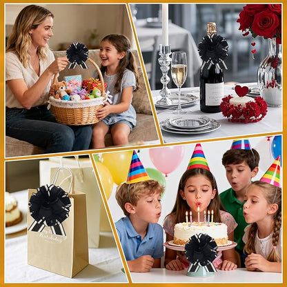 24pcs Black Pull Bow for Gift Basket Wrapping Xmas Gift Bows Presents Adhesive Wrap Ribbon Bow for Christmas Tree Ornament Wine Bottles Bouquet Flower Valentine's Day Party Decor (Black-G)