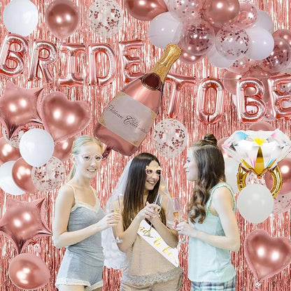 Bachelorette Party Decorations, Rose Gold Bride To Be Decorations with Bride Balloons, Sash, Veil, Tinsel Backdrop for Bridal Shower Decor
