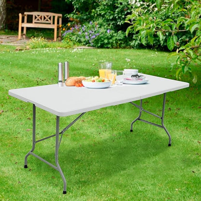 FORUP 6ft Table, Folding Utility Table, Fold-in-Half Portable Plastic Picnic Party Dining Camp Table (White)