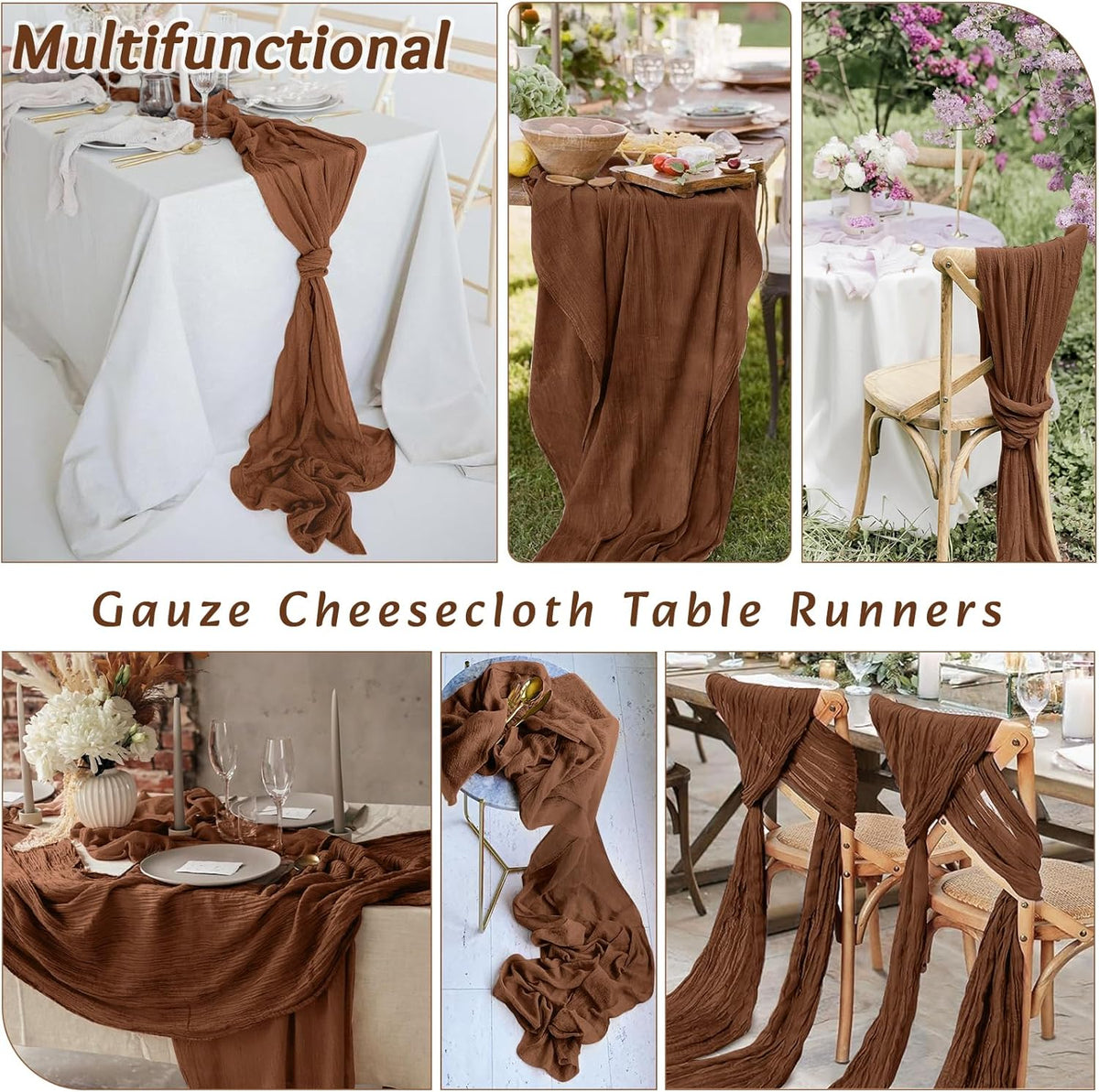 4Pack Brown Table Runner 10FT Cheesecloth Table Runner 35x120Inch Long Boho Cheese Cloth Table Runners Rustic Gauze Table Runners for Party Wedding Bridal Shower Baby Shower Decorations